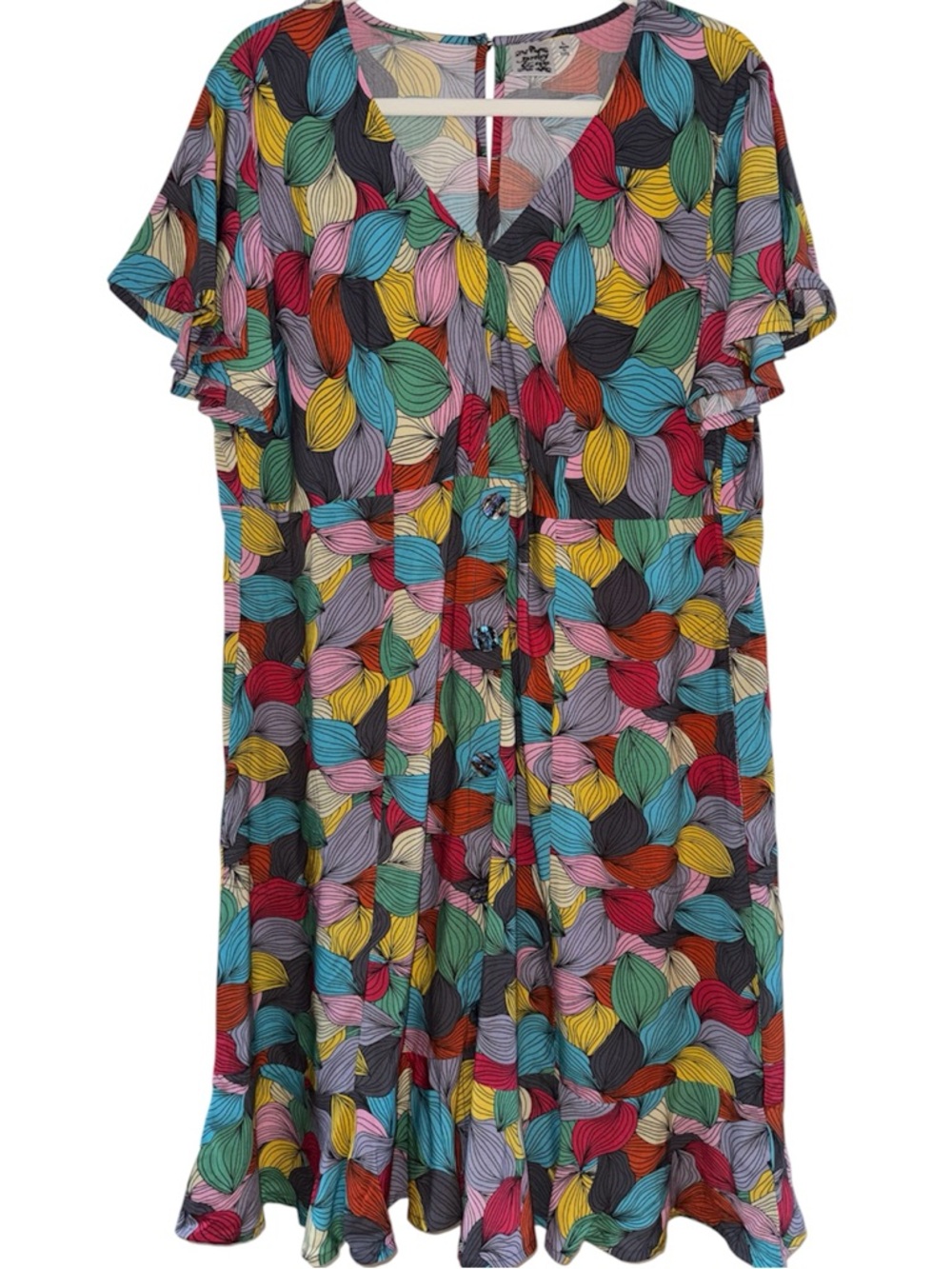 Retro Modern Parsley & Sage Multicolor Leaf-Print Button-Front Midi Dress-L